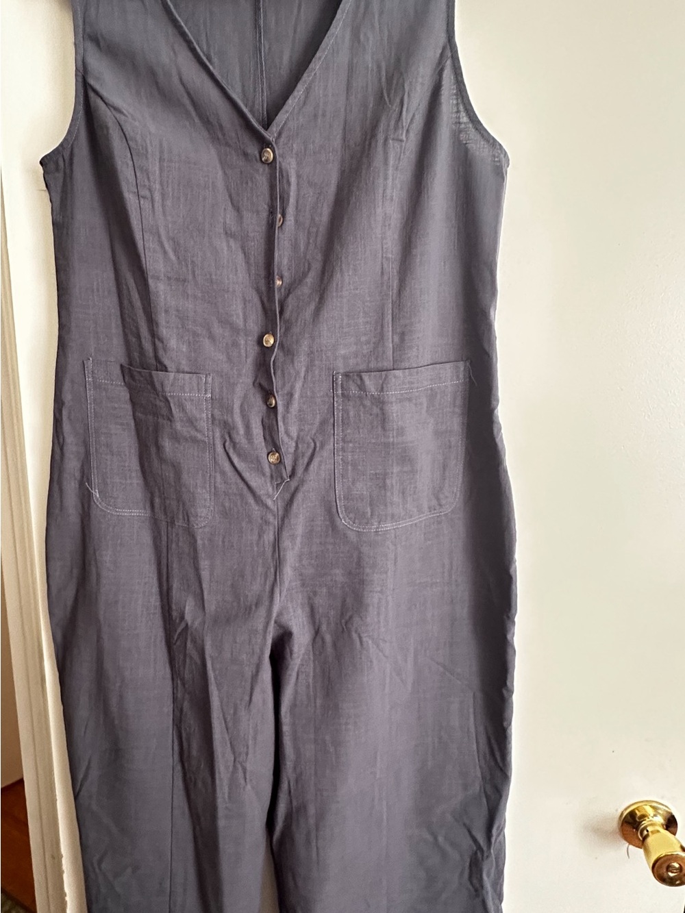 Sleeveless Button-Front Charcoal Jumpsuit with Patch Pockets
